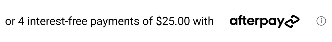 Price breakdown on white with a white Afterpay badge and a black wordmark